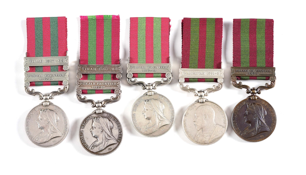 LOT OF 5: NAMED BRITISH INDIA MEDALS, 4 TYPE I & 1 TYPE II.