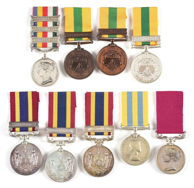 LOT OF 9: BRITISH MEDALS MARKED "SPECIMEN" OR "COPY" INCLUDING CHINA MEDAL WITH UNOFFICIAL RIBBON AND 3 CLASPS.