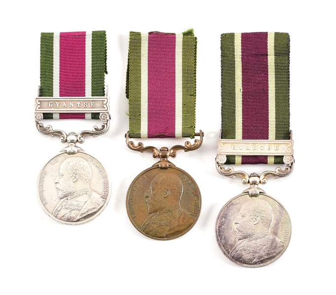 LOT OF 3: NAMED BRITISH TIBET MEDALS, 2 SILVER AND 1 BRONZE.