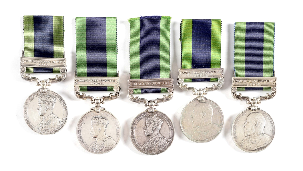 LOT OF 5: NAMED BRITISH INDIA GENERAL SERVICE MEDALS (1909), SEVERAL KIA.