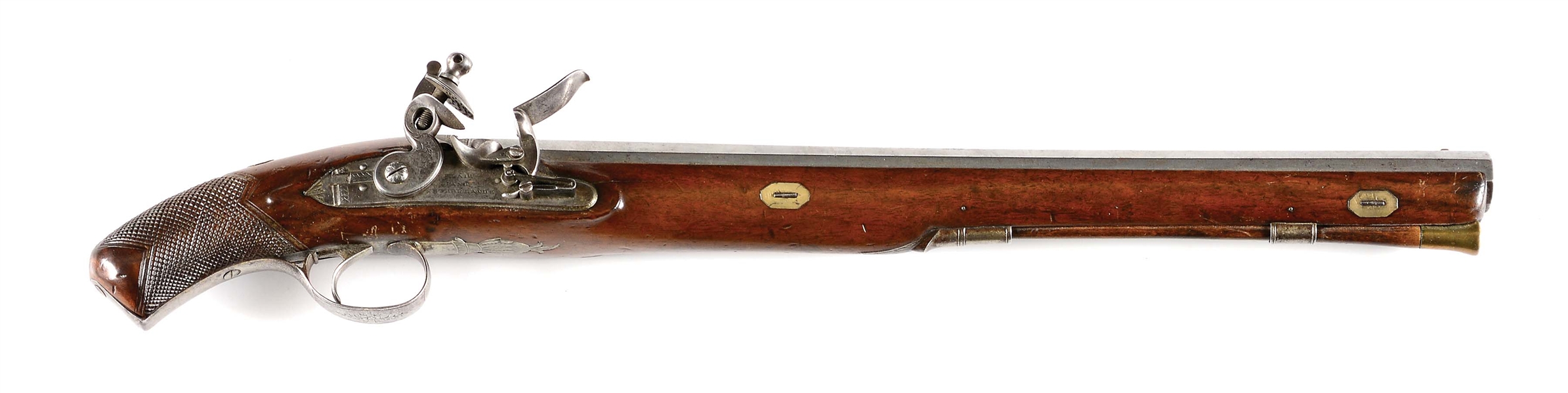 (A) UNUSUAL BLAIR AND SUTHERLAND FLINTLOCK PISTOL WITH A LONG BARREL AND MUSKET BORE.