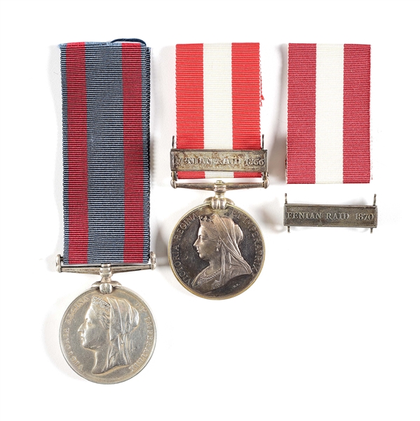 LOT OF 2: BRITISH CANADA GENERAL SERVICE MEDAL WITH EXTRA FENIAN RAID CLASP AND RIBBON AND NORTH WEST CANADA MEDAL.