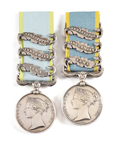 LOT OF 2: NAMED BRITISH CRIMEA MEDALS WITH 3 CLASPS EACH, ROYAL ARTILLERY AND 77TH EAST MIDDLESEX REGIMENT OF FOOT. 