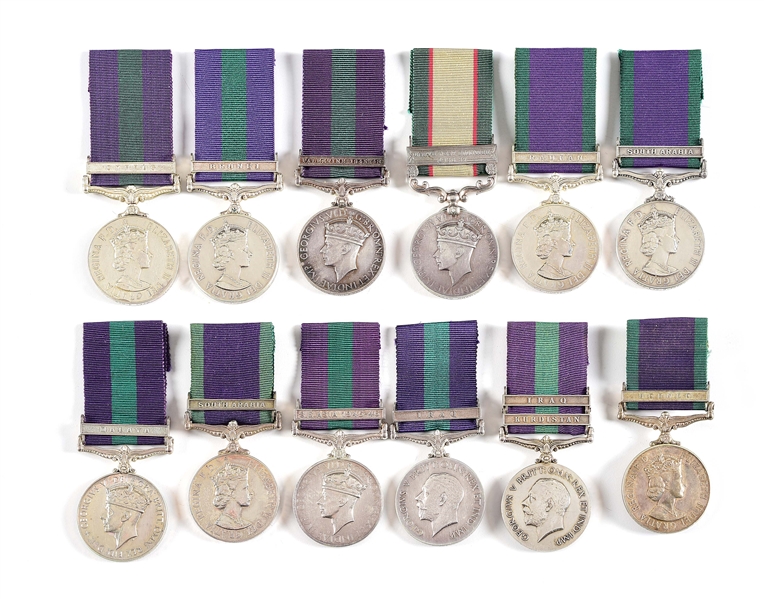 LOT OF 12: 11 BRITISH GENERAL SERVICE MEDALS AND 1 INDIA GENERAL SERVICE MEDAL (1936).