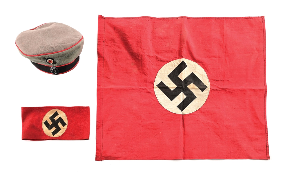 LOT OF 3: GERMAN WWI M1907 KRATZCHEN CAP  AND THIRD REICH HAT AND ARMBAND.