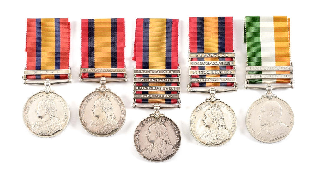 LOT OF 5: 4 QUEENS SOUTH AFRICA MEDALS AND 1 KINGS SOUTH AFRICA MEDAL, ALL NAMED.