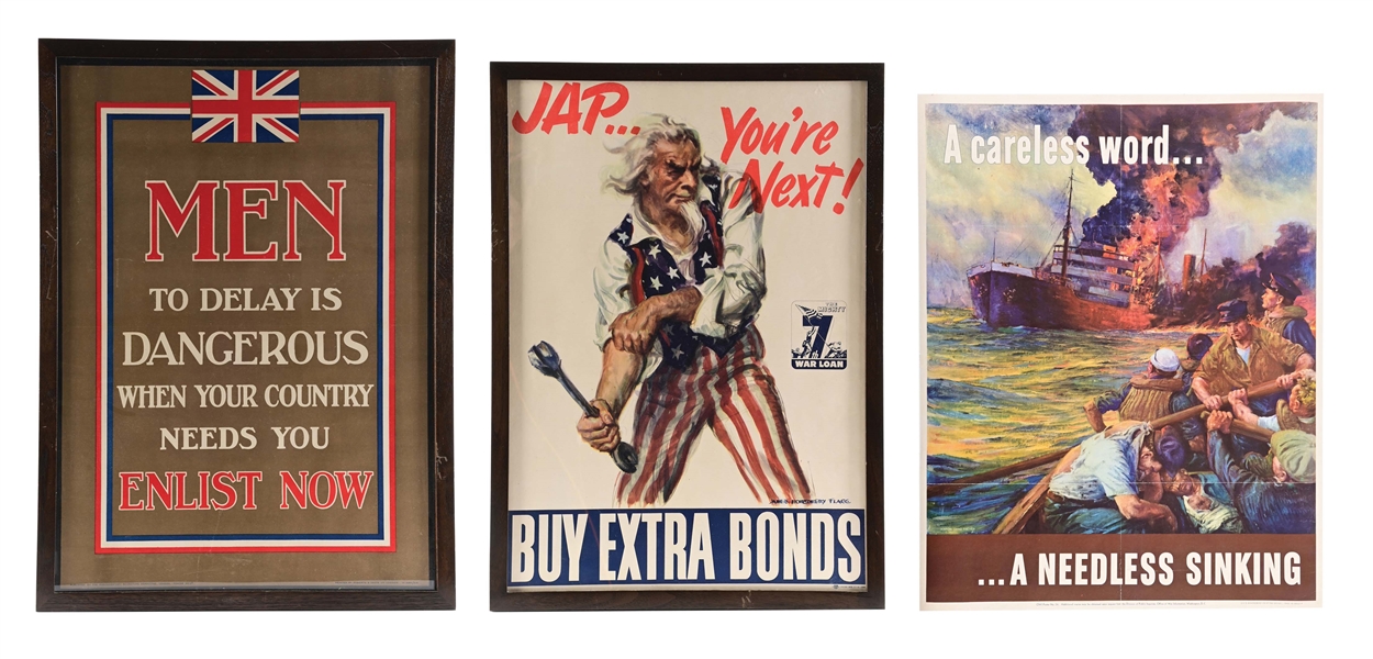 LOT OF 3: 2 US WWII WAR BOND POSTERS AND 1 BRITISH WWI ENLISTMENT POSTER.