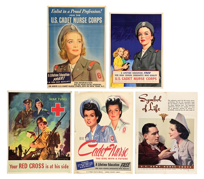 LOT OF 5: US WWII CADET NURSE CORPS, WAC, AND RED CROSS POSTERS.