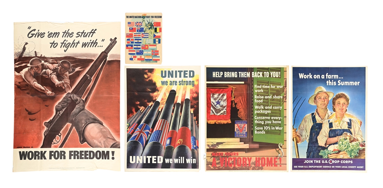 LOT OF 5: US WWII WAR BOND POSTERS REGARDING PRODUCTION.