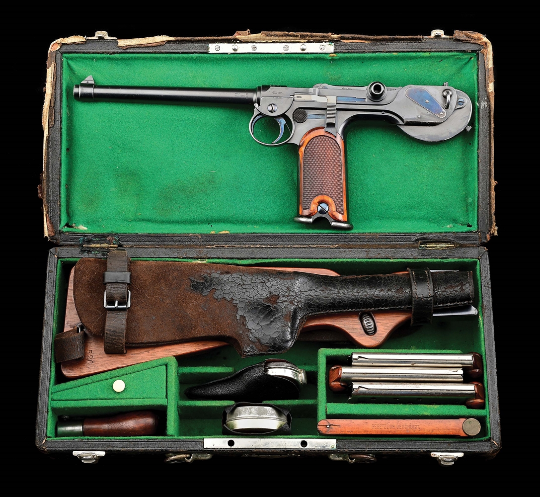 (A) LOEWE C93 SEMI-AUTOMATIC PISTOL WITH CASE AND ACCESSORIES.