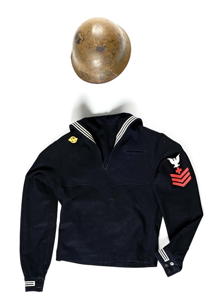 US WWII NAMED NAVY CORPSMAN GROUPING WITH PHOTOS AND JAPANESE BRINGBACK HELMET.