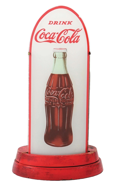 EXCEEDINGLY RARE COCA-COLA "BULLET" LIGHTED REVERSE PAINTED GLASS COUNTER SIGN W/ BOTTLE GRAPHIC. 