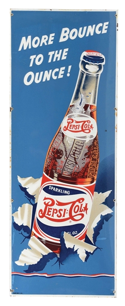 PORCELAIN "MORE BOUNCE TO THE OUNCE" PEPSI-COLA DOUBLE-DOT SIGN W/ BOTTLE GRAPHIC.
