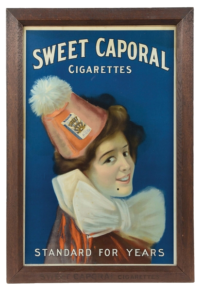 SWEET CAPORAL CIGARETTES FRAMED PAPER LITHOGRAPH.