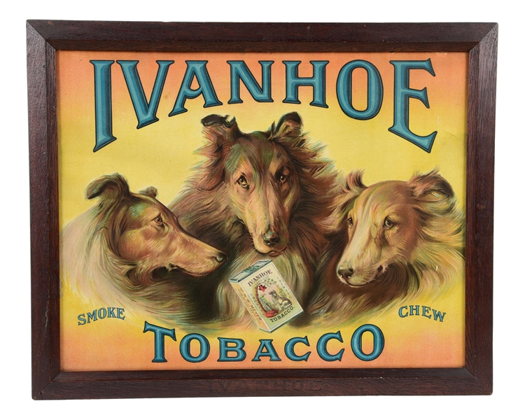 IVANHOE TOBACCO PAPER LITHOGRAPH W/ DOG GRAPHIC & ORIGINAL WOOD FRAME.