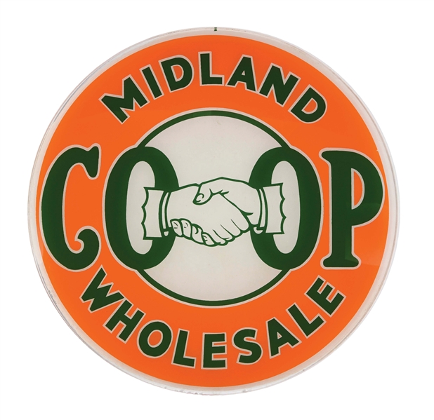 MIDLAND CO-OP WHOLESALE GASOLINE SINGLE 13.5" GLOBE LENS W/ SHAKING HAND GRAPHIC. 