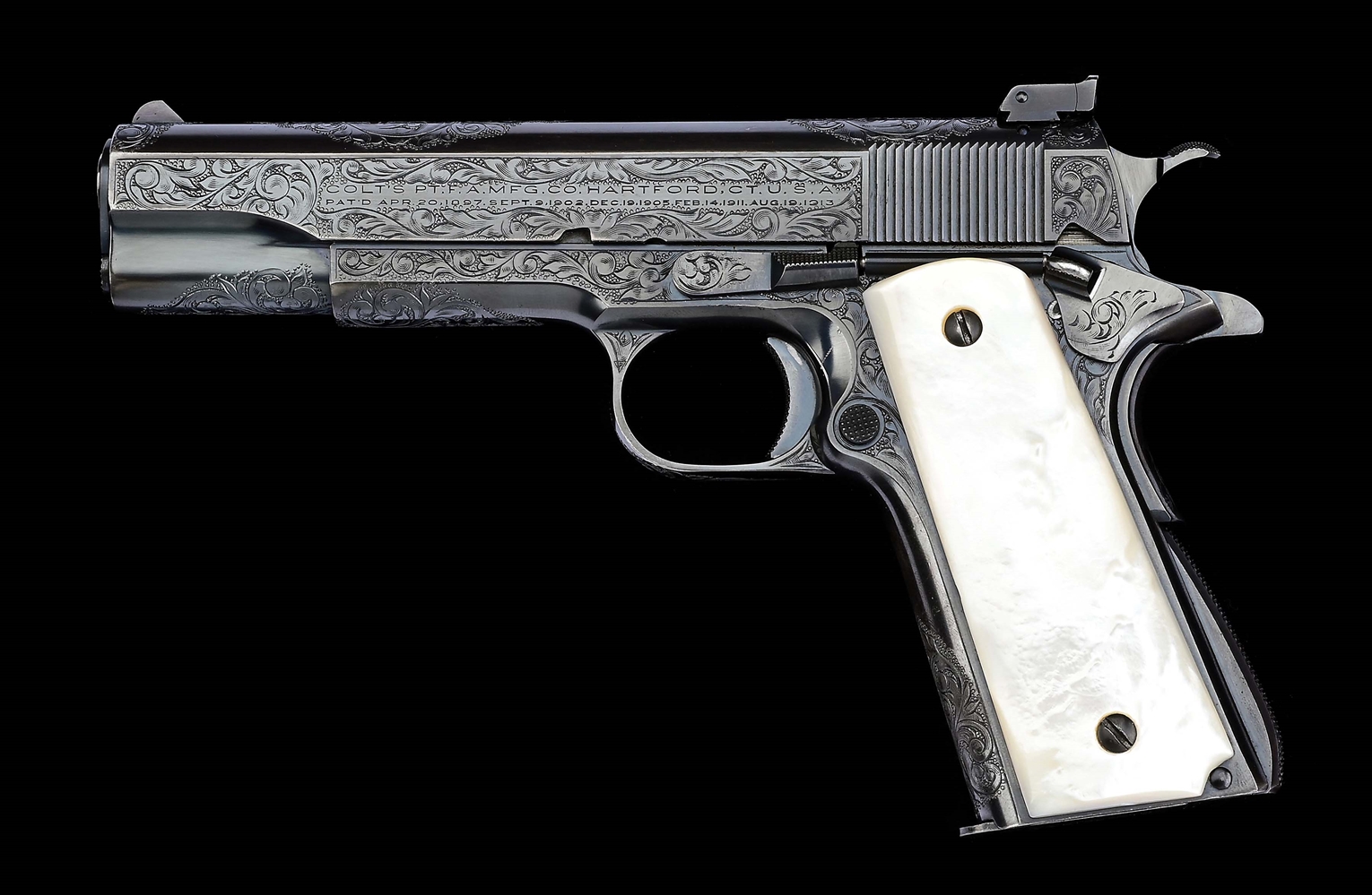 (C) OUTSTANDING FACTORY ENGRAVED COLT .38 SUPER MATCH SEMI-AUTOMATIC PISTOL WITH A FACTORY BOX, EX. MULLIN, EX. SETTANI.