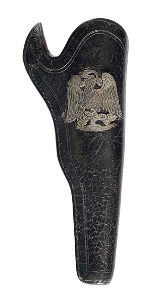 COLT DRAGOON LEATHER HOLSTER EMBELLISHED IN SILVER WITH THE MEXICAN COAT OF ARMS.