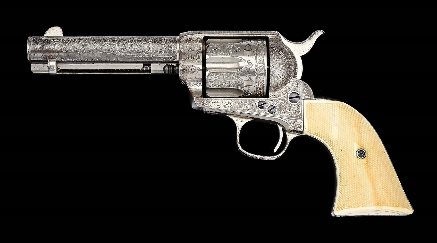 (A) SUPERB WESTERN SHIPPED COLT SINGLE ACTION ARMY WITH HELFRICHT ENGRAVING, CHECKERED IVORY GRIPS, AND FACTORY PRESENTATION TO L.P. BARTON, A SAN DIEGO POLICE OFFICER AND DETECTIVE IN SAN FRANCISCO
