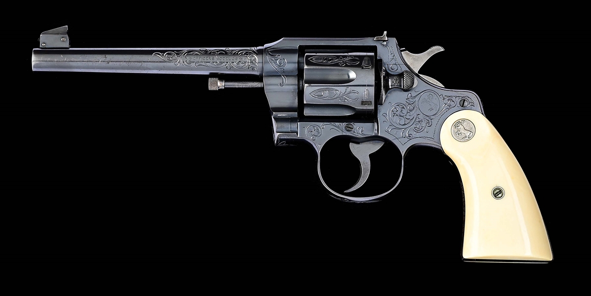 (C) FACTORY ENGRAVED COLT OFFICERS MODEL DOUBLE ACTION REVOLVER WITH CASE PRESENTED TO SHERIFF FRANK CRAVENS.