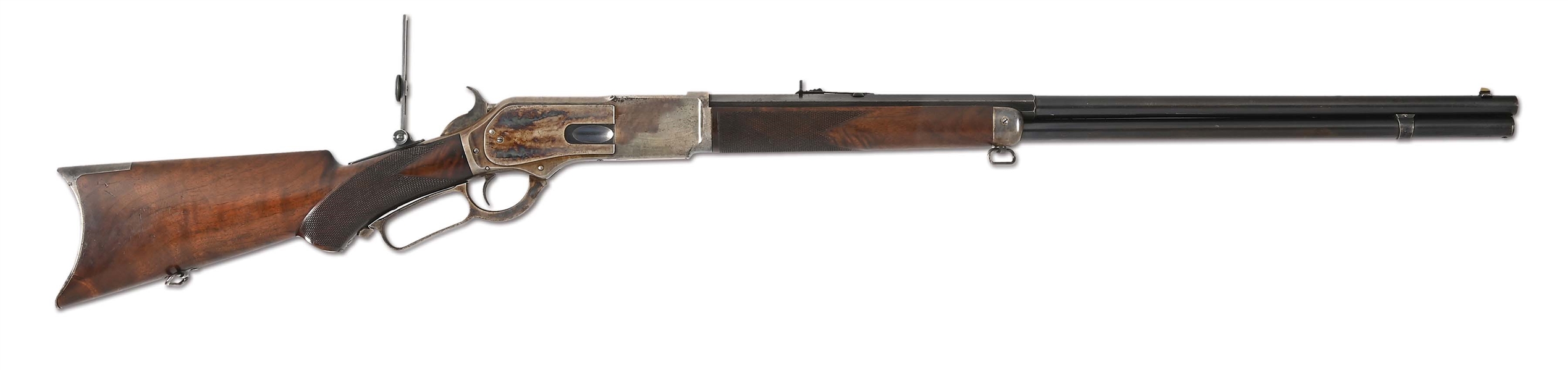 (A) DELUXE OPEN TOP WINCHESTER MODEL 1876 LEVER ACTION RIFLE.