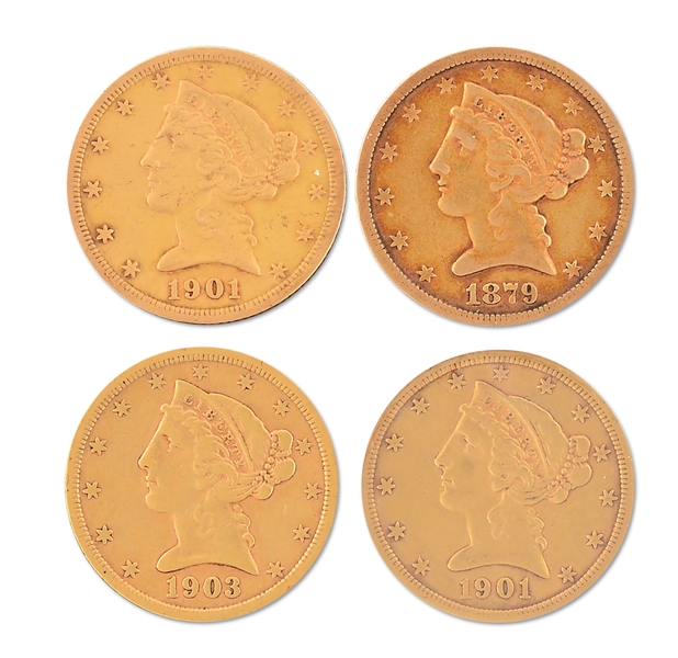 LOT OF 4: $5 GOLD LIBERTY HEAD 1901S, 1879S, 1901S, AND 1903S.