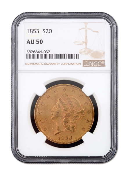 1853 $20 LIBERTY GOLD NGC AU50.