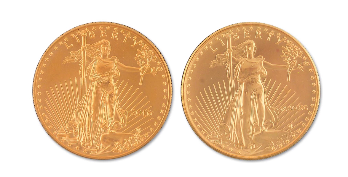 LOT OF 2: 2016 AND 1990 $20 ST. GAUDENS GOLD COINS BU+.