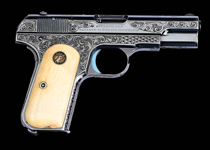 (C) FACTORY ENGRAVED COLT MODEL 1903 HAMMERLESS SEMI-AUTOMATIC PISTOL WITH FACTORY BOX (1911).