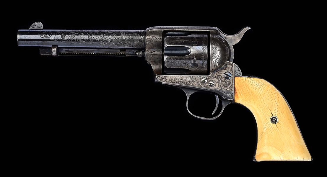 (A) AN EXCEPTIONAL FACTORY ENGRAVED BLACK POWDER FRAME COLT SINGLE ACTION ARMY WITH BLUED AND CASE HARDENED FINISH, PROBABLY ENGRAVED BY MASTER ENGRAVER CUNO HELFRICHT HIMSELF (1892).