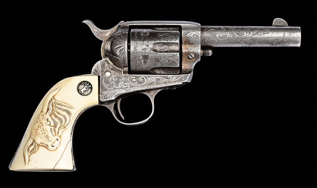(C) FACTORY ENGRAVED & SILVER PLATED COLT SINGLE ACTION ARMY SHERIFFS MODEL REVOLVER WITH CARVED IVORY GRIPS (1911).
