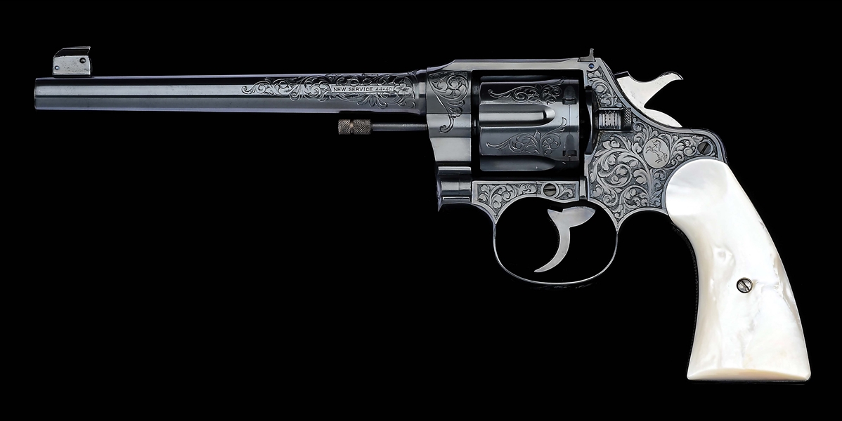 (C) BEAUTIFUL FACTORY ENGRAVED COLT NEW SERVICE TARGET .44-40 W.C.F. DOUBLE ACTION REVOLVER WITH CARVED MOTHER OF PEARL STEER HEAD GRIPS (1925).