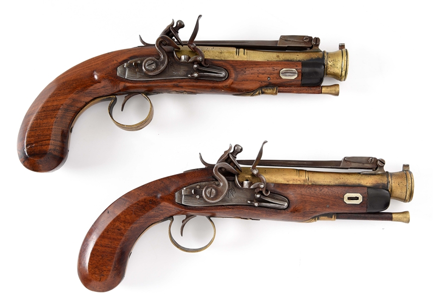 (A) PAIR OF FLINTLOCK CANNON BARREL PISTOLS MARKED MULEY.