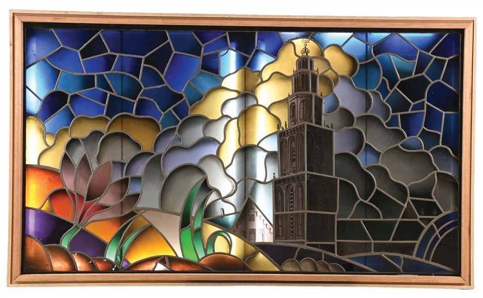 LARGE STAINED GLASS WINDOW IN LIGHTBOX.