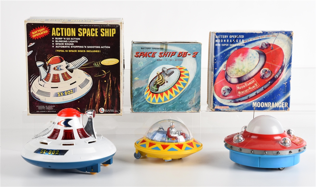 LOT OF 3: MADE IN HONG KONG BATTERY OPERATED PLASTIC SPACESHIPS IN ORIGINAL BOXES.