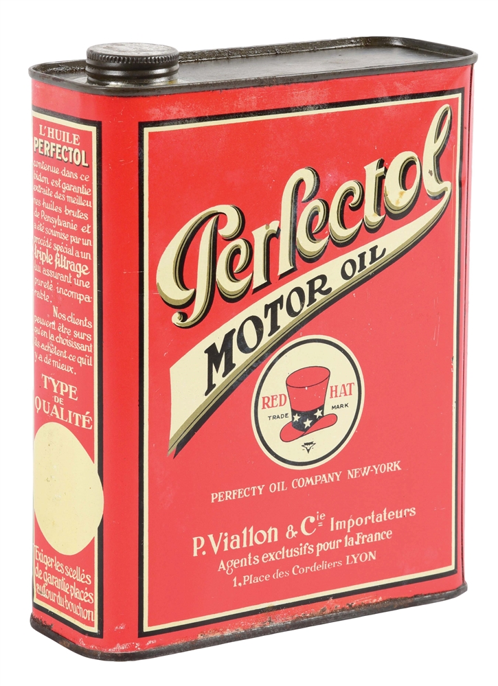 RARE PERFECTOL RED HAT MOTOR OIL FLAT CAN W/ RED HAT GRAPHIC. 