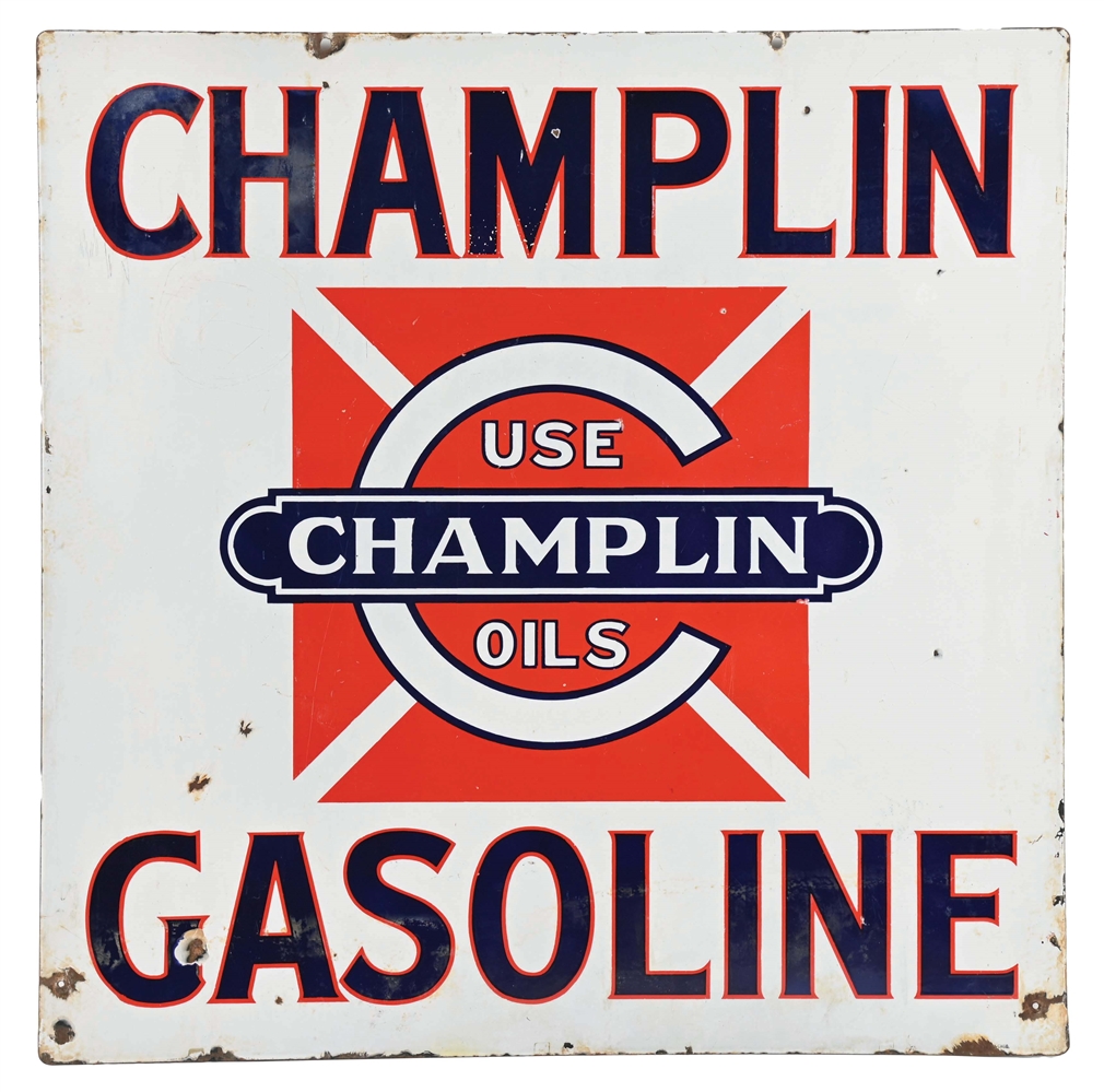 CHAMPLIN GASOLINE DOUBLE SIDED PORCELAIN SIGN.