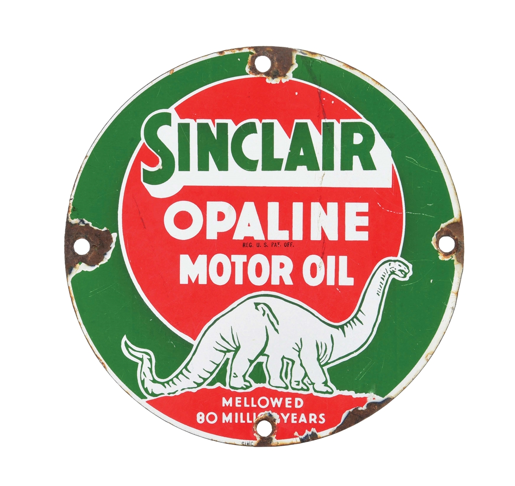 SINCLAIR OPALINE MOTOR OIL PORCELAIN SIGN W/ DINO GRAPHIC. 