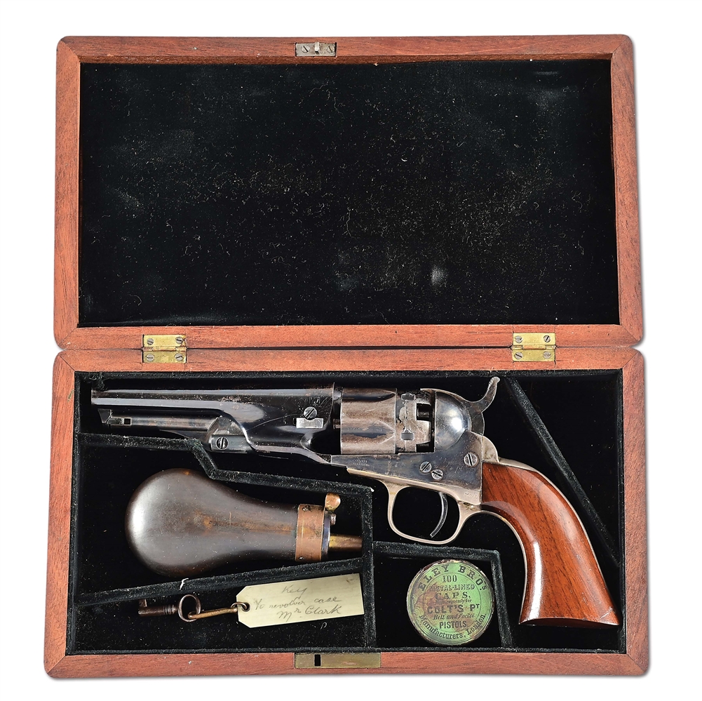(A) COLT 1862 POLICE PERCUSSION REVOLVER IN PARTITIONED HARDWOOD CASE, WITH NOTARIZED STATEMENT ATTRIBUTING THE GUN TO CLARENCE CLARK, FOUNDING MEMBER OF THE UNION LEAGUE OF PHILADELPHIA