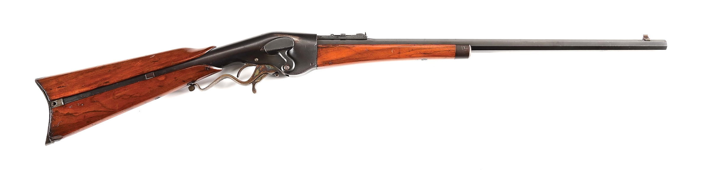 (A) RARE HIGH CONDITION NEW MODEL EVANS LEVER ACTION SPORTING RIFLE WITH PERIOD AMMUNITION.