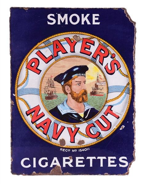 PLAYERS NAVY CUT CIGARETTES DOUBLE-SIDED PORCELAIN SIGN W/ LITHOGRAPHED SAILOR GRAPHIC.