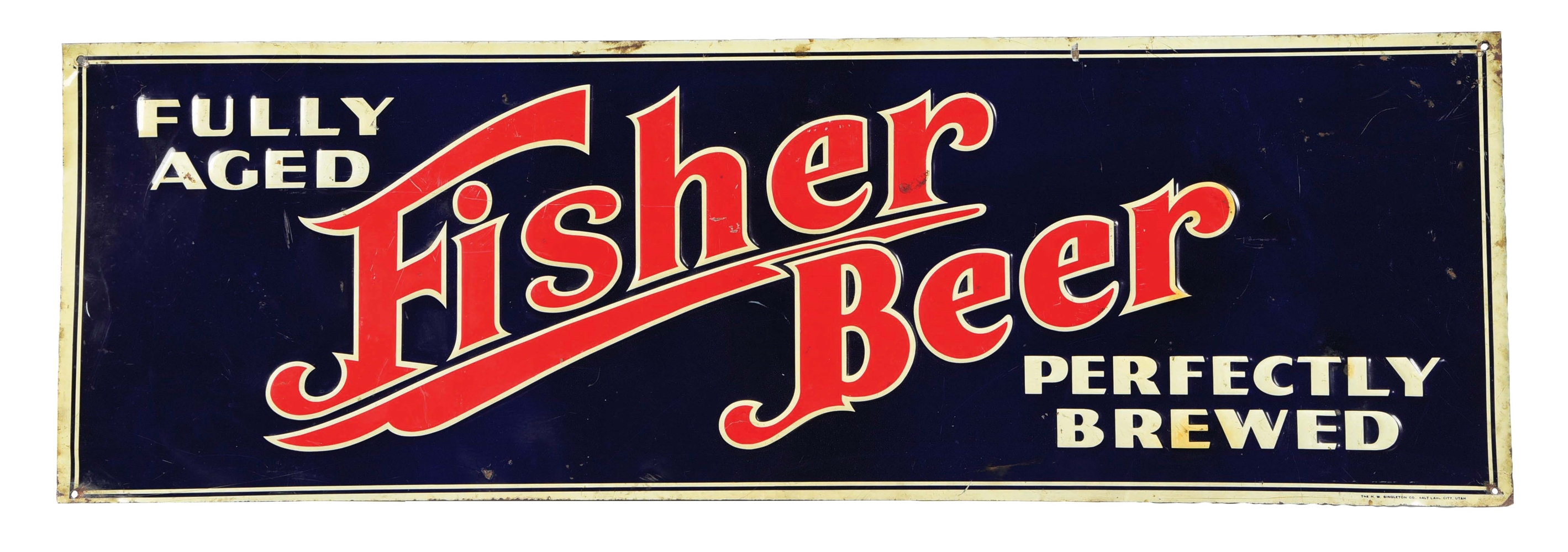 FISHER BEER EMBOSSED TIN TACKER SIGN.