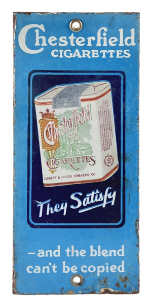 CHESTERFIELD CIGARETTES PORCELAIN DOOR PUSH SIGN W/ LITHOGRAPHED TOBACCO PACKAGE GRAPHIC.