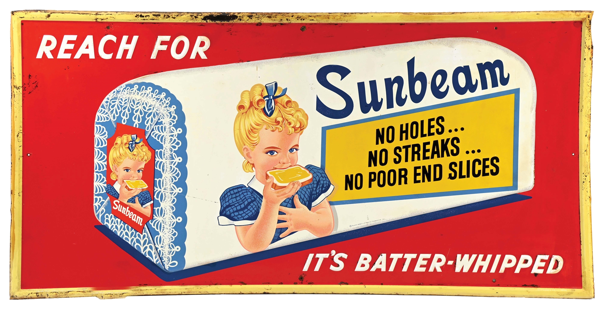SUNBEAM "ITS BATTERED WHIPPED" SELF-FRAMED TIN SIGN W/ LOAF GRAPHIC.