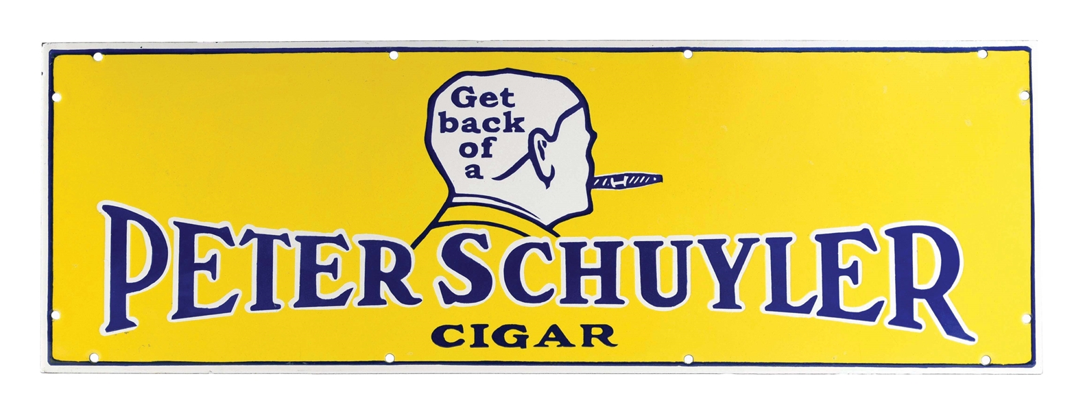 CONTEMPORARY PETERS SCHUYLER CIGAR SINGLE-SIDED PORCELAIN SIGN W/ GENTLEMAN SMOKING A CIGAR GRAPHIC.