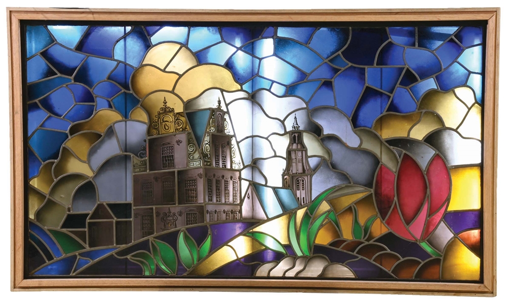 LARGE STAINED GLASS WINDOW IN LIGHTBOX.
