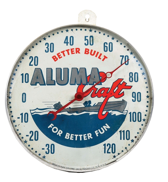 ALUMA CRAFT BOATS TIN FACED THERMOMETER W/ BOAT GRAPHIC. 