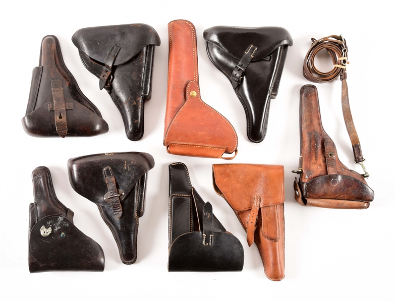LOT OF 9: ASSORTED LUGER & P.38 LEATHER HOLSTERS.