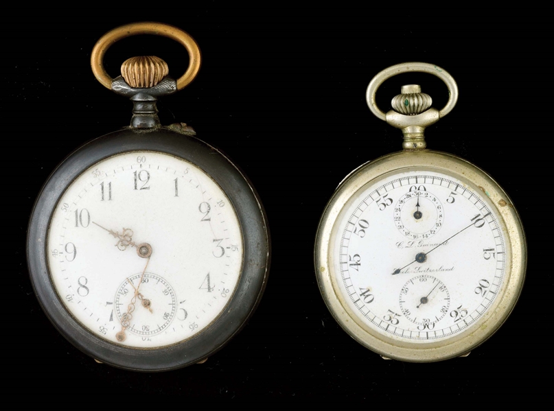 LOT OF 2: SWISS OPEN FACE POCKET WATCHES, BLUED STEEL & C.L. GUINAND STOP WATCH.