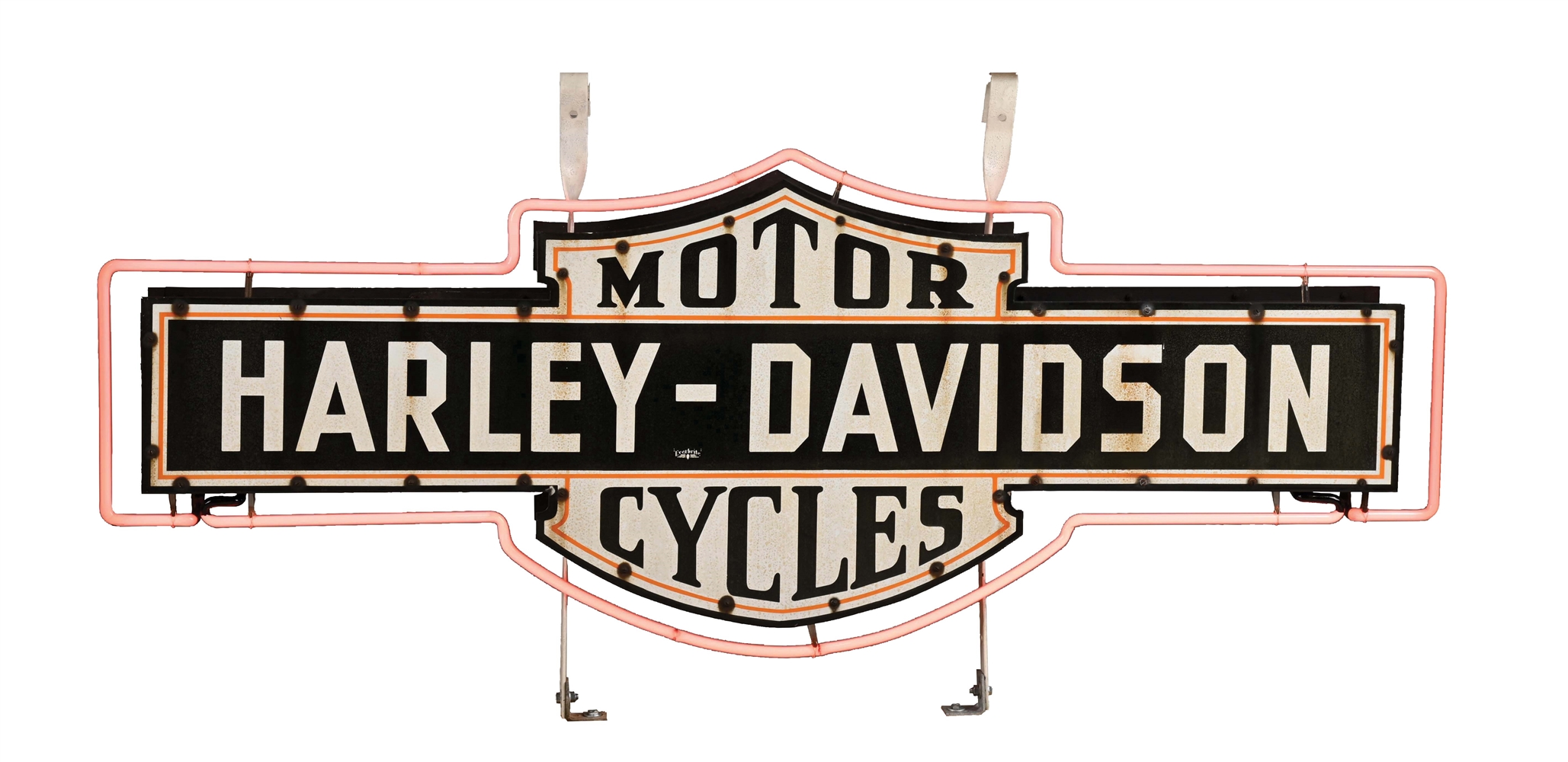 HARLEY DAVIDSON MOTORCYCLES "BAR & SHIELD" COMPLETE PORCELAIN NEON SIGN ON ORIGINAL CAN. 